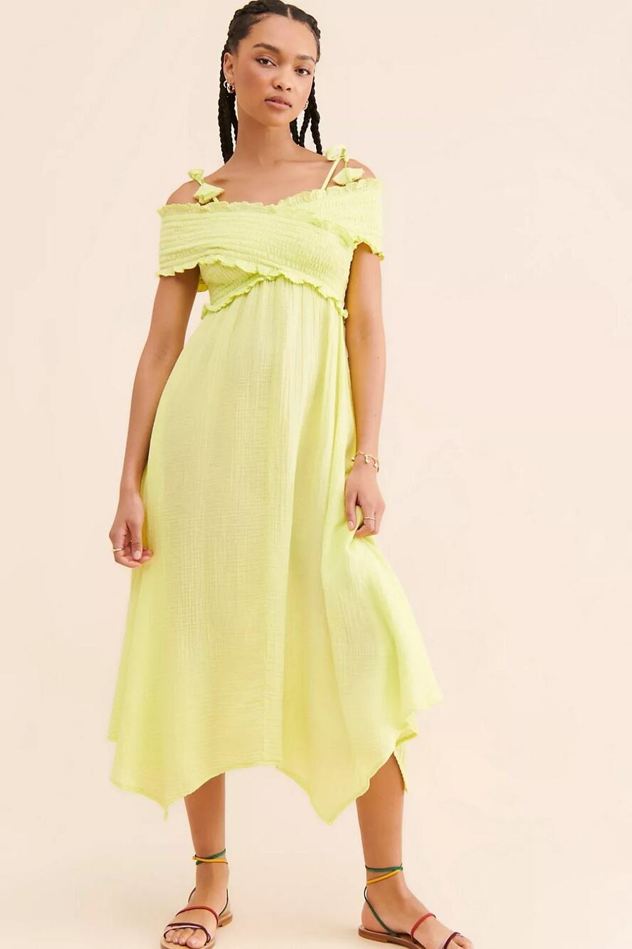 Anthropologie Smocked Gauze Light Green Cotton Midi Dress XS